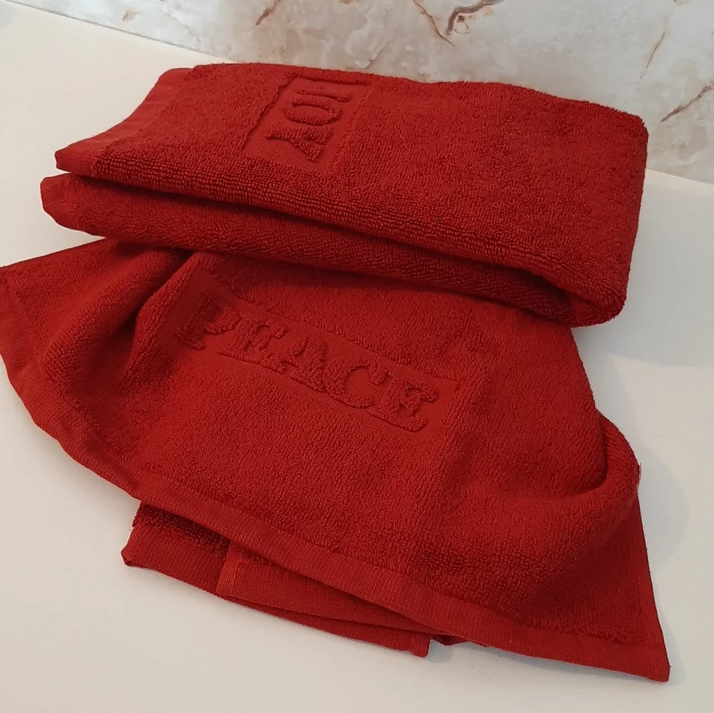 *Pottery Barn Cardinal Red Joy Peace Guest Towels - Set of 2 Towels